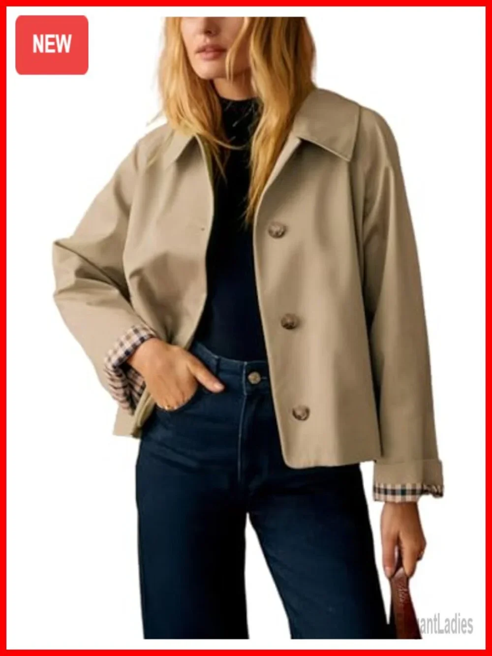 Women's Short Trench Coat Plaid Lining Water Repellent Casual Lightweight